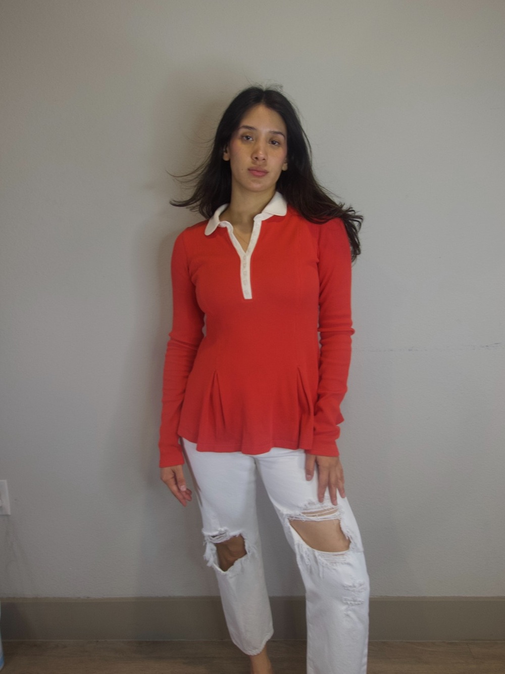 Free People Thermal Peplum Polo Shirt Size M